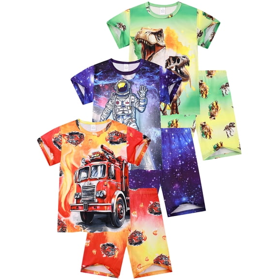 WIBACKER Boys Pajamas 2 Piece Soft Comfy PJs T-shirts and Shorts Set Summer Sleepwear for Kids 3-10 Years-Fire Truck