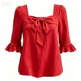 thumbnail image 5 of ZVAVZ Womens Bow Tie Square Neck Blouses Ruffle 3/4 Sleeve T-shirts Cotton Fashion Going Out Dressy Tee Shirts Red S, 5 of 6