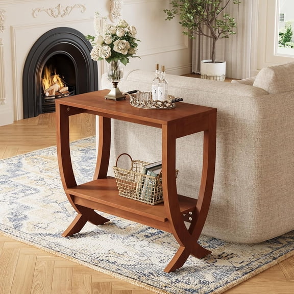 Finmind Solid End Table, 2-Tier Small Space Couch Side Table with Arched Legs for Living Room, Easy Assembly, Walnut