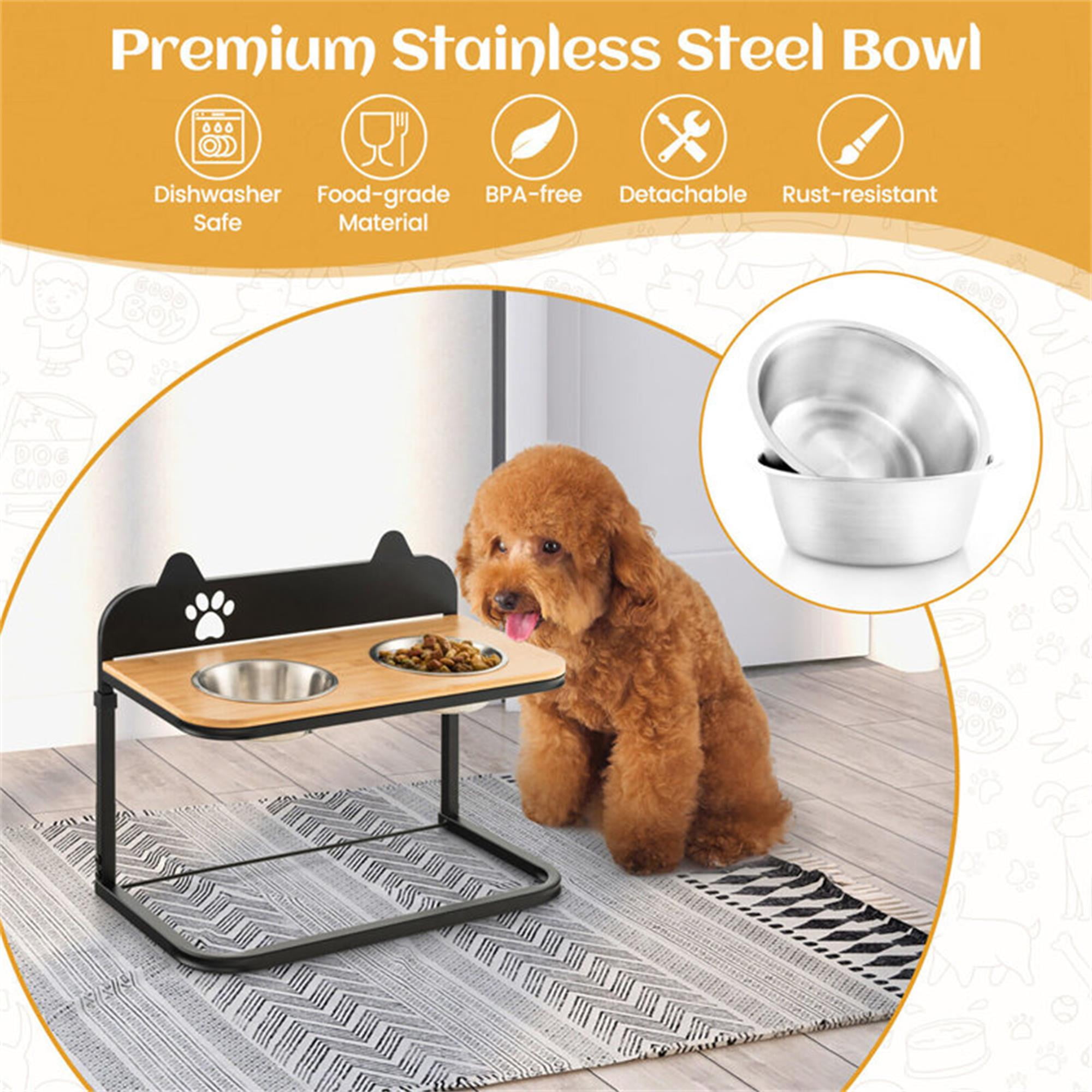 Kadyn 12"-16" Elevated Pet Feeder with 2 Stainless Steel Dog Bowls for Feeding Small Medium Dogs Cats Puppies, Black