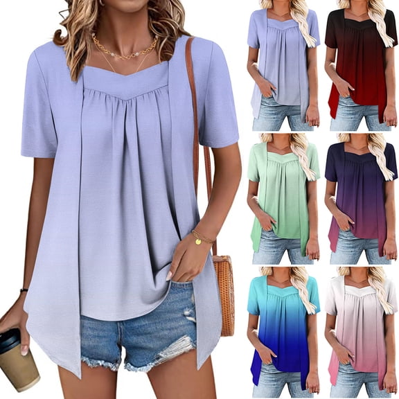 Women's Fashion Printed Fake Two Piece Short Sleeve Round Neck Blouse Top Shirt Casual Loose Fit Summer Vacation Beach Holiday | CSEONE,Blue L