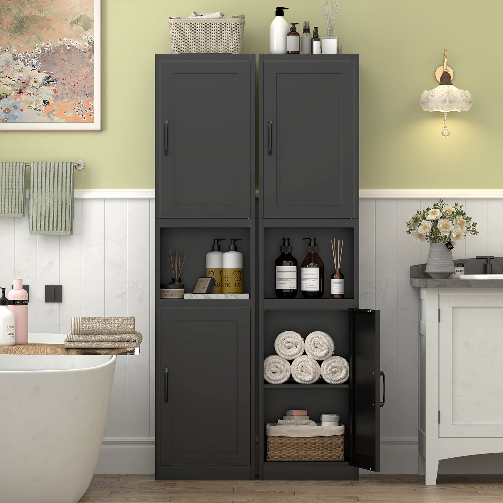 Marcree 67" Tall Bathroom Storage Cabinet, Metal Narrow Storage Cabinet with 2 Doors & 6 Shelves, Slim Skinny Cabinet for Linen, Pantry, Kitchen, Living Room & Home Office, Black
