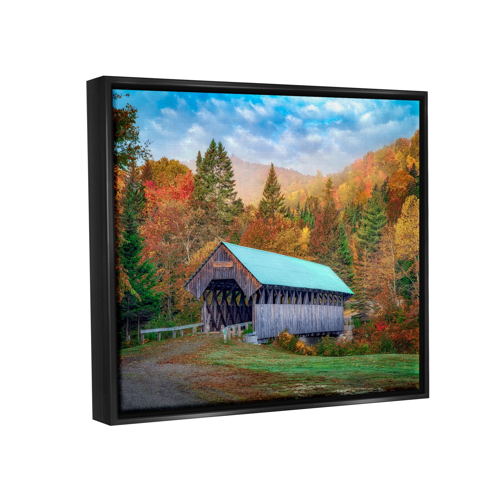 Stupell Woodland Covered Bridge Mountain Foliage Landscape Photography Black Floater Framed Art Print Wall Art