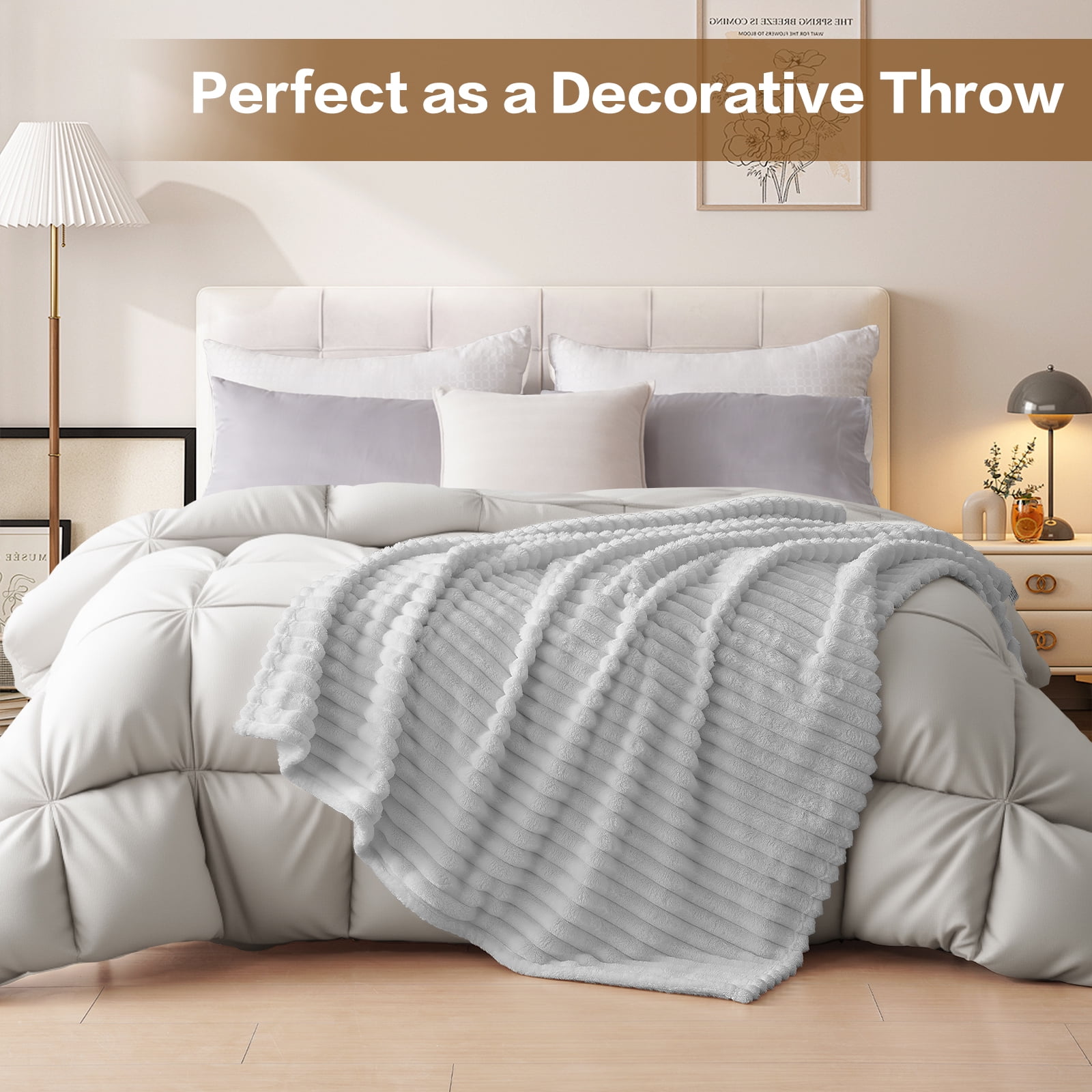 EMONIA Light Gray King Fleece Blanket for Bed, 320GSM Super Soft Cozy Blankets and Throws, Decorative Throw Blankets for Women Men Gifts, Throws with Stripes for Sofa Bed Decor, 108''x90''