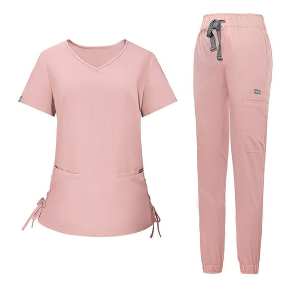 Scrub Sets for Women qolati Two Piece Outfits Short Sleeve V-Neck Scrub Shirts and Jogger Pants with Pocket Summer Athletic Stretch Workwear Working Uniforms