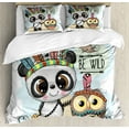 thumbnail image 1 of Be Wild Duvet Cover Set Queen Size, Tribal Cartoon of a Panda an Owl and a Bird with Feathers Bohemian Feels Print, Decorative 3 Piece Bedding Set with 2 Pillow Shams, Multicolor, by Ambesonne, 1 of 3