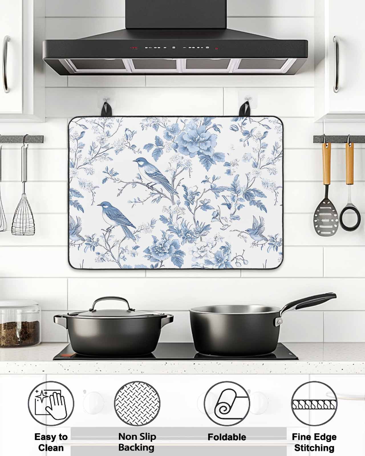 Stove Top Covers for Electric Stove, White Blue Spring Floral Glass Stovetop Cover Protector, Summer Birds Botanical Induction Cooktop Protector Oven Mat for Kitchen Countertop 24"x21"