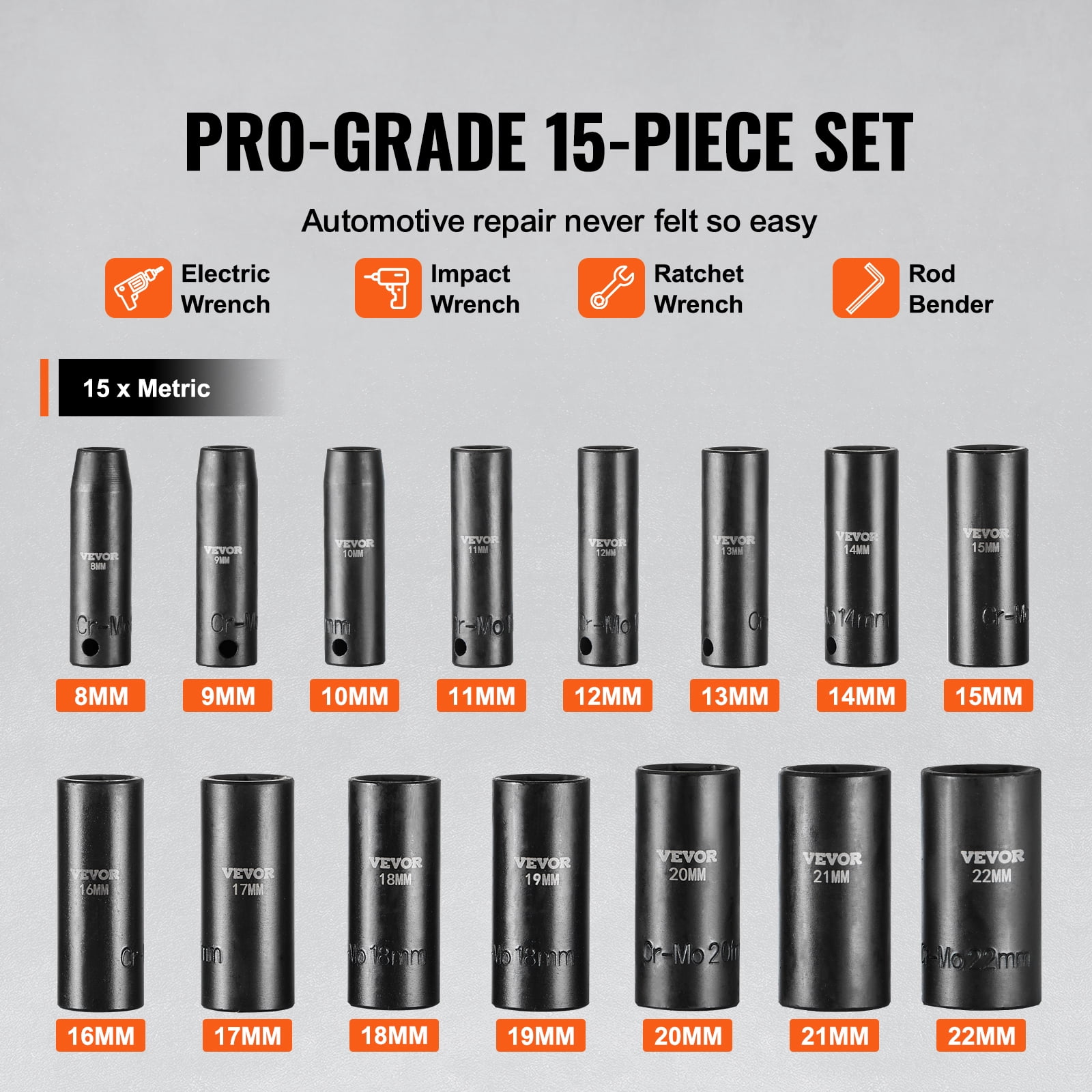 VEVOR 3/8" Drive Impact Socket Set, 15 Piece Deep Socket Set Metric 8-22mm, 6 Point Cr-Mo Alloy Steel for Auto Repair, Easy-to-Read Size Markings, Rugged Construction, Includes Storage Case