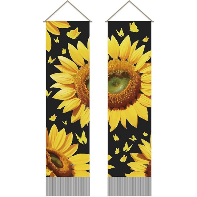 Tapiz de girasol de 2 piezas, tapiz vertical de flores de mariposa para colgar en la pared, tapiz de flores amarillas, arte rústico