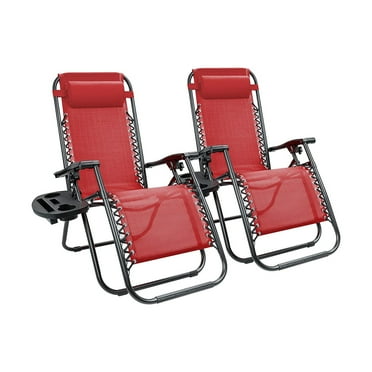 Zero Gravity Folding Lounge Chairs, Outdoor Patio Adjustable Reclining Chair with Pillows and Cup Holders for Beach and Camping, Set of 2 (Red)