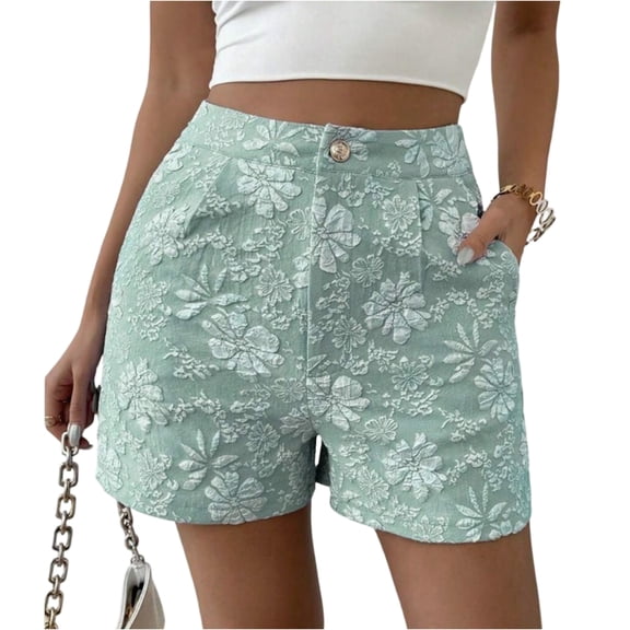 Summer Floral Jacquard Shorts for Women High Waisted Wide Leg Pants Casual Fashion Jeans with Pockets