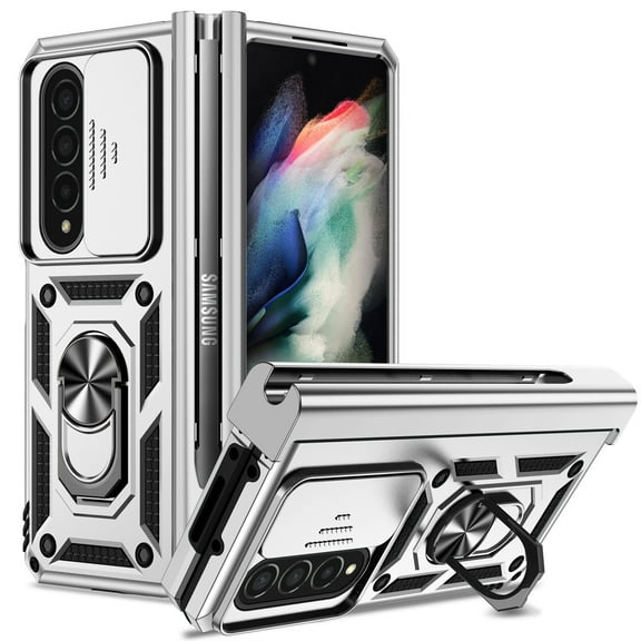JTCASES for Samsung Galaxy Z Fold4 Case, Heavy Duty Protection Magnetic Car Mount Rotating Stand [Slide Camera Window] Rugged Shockproof Anti-fall Shell for Z Fold4, Silver