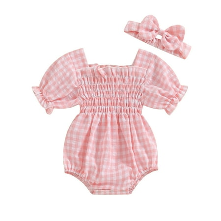 

Infant Baby Girls Cute Romper 3M 6M 9M 12M 18M Headband Outfits Short Sleeve Square Collar Plaid Print Button Jumpsuits