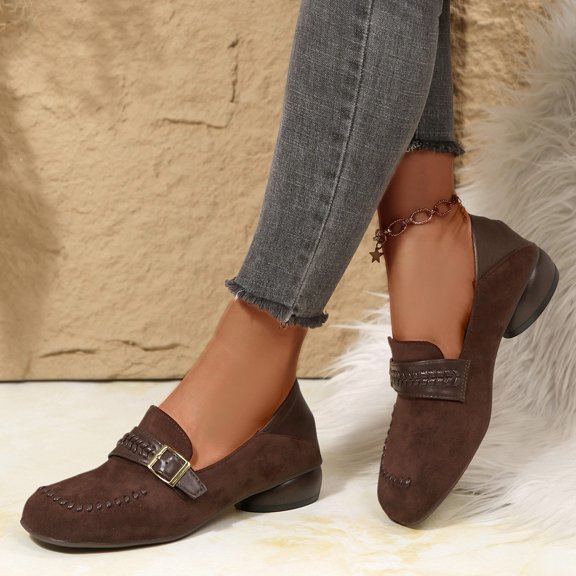 Viluyesy Womens Loafers Slip On Buckle Round Toe Comfortable Lightweight Flat Casual Walking Work Dress Shoes Brown Size 7.5
