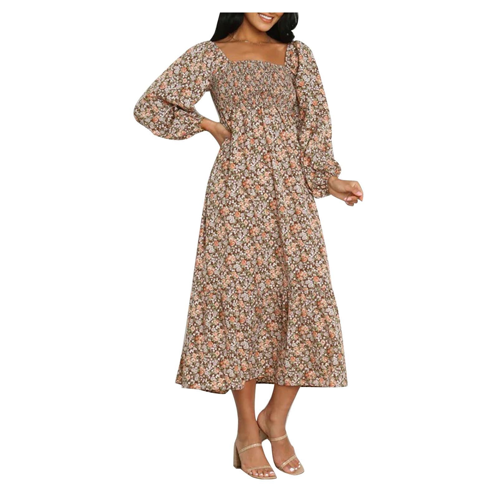 Smocked Dress Women Sexy Beach Sun Dress Holiday Casual Puff Long Sleeve  Square Neck Mid-Calf Long Dress - Walmart.ca