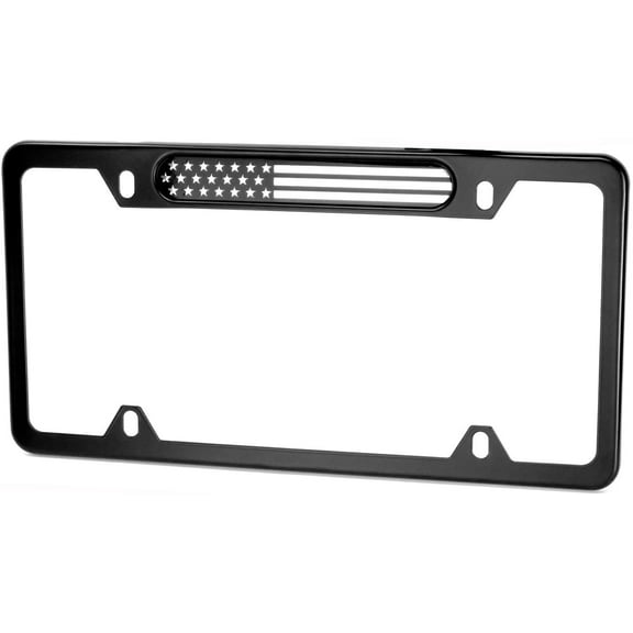 MULL Stainless Steel License Plate Black Frame American (Chrome Flag)