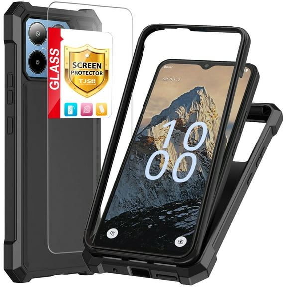 TJS for Boost Summit 5G Phone Case, with Tempered Glass Screen Protector, Full Body Protective Heavy Duty Hybrid Bumper Cover for Boost Mobile Summit 5G (Black)