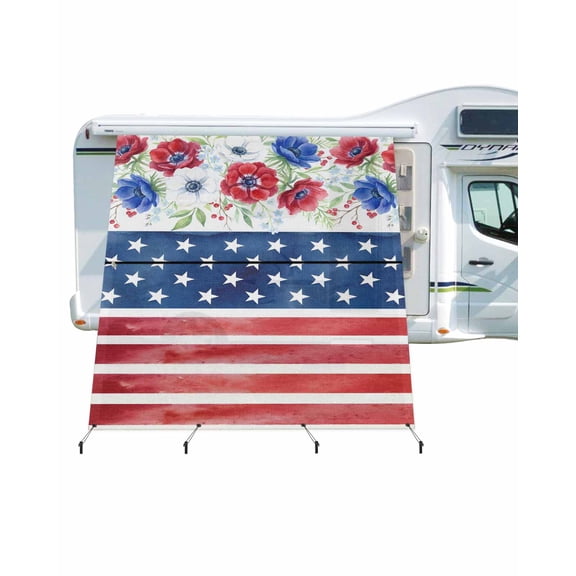 4th of July RV Awning Sun Shade Screen 9'X7' Patriotic Poppy Flower Mesh Sunscreen USA Flag Star Stripes Awning Shade Screen with Zipper UV Blocker Completed Kits for RV Motorhome Camper