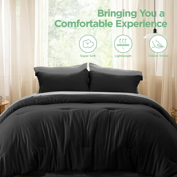 U by Bedsure Queen Comforter Set Black, 7 Pieces Lightweight Queen Bedding Sets Boho with Comforter, Sheet, Pillowcase & Sham, Contrasting Design