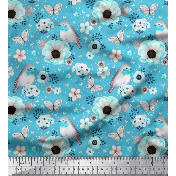 Soimoi Cotton Duck Fabric Robin,Butterfly & Anemone Floral Printed Fabric 1 Yard 42 Inch Wide