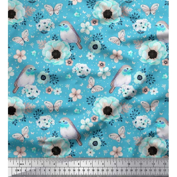 Soimoi Cotton Duck Fabric Robin,Butterfly & Anemone Floral Printed Fabric 1 Yard 42 Inch Wide