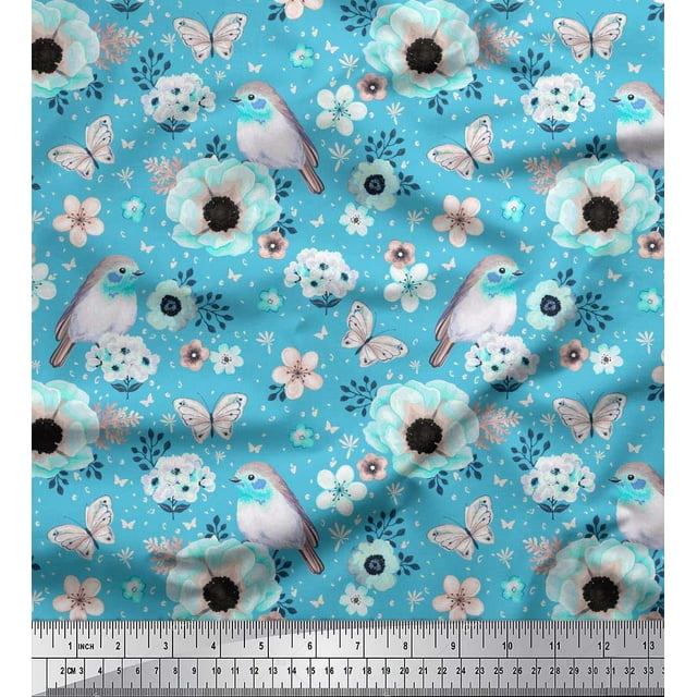Soimoi Polyester Crepe Fabric Robin,Butterfly & Anemone Floral Decor Fabric Printed Yard 52 Inch Wide