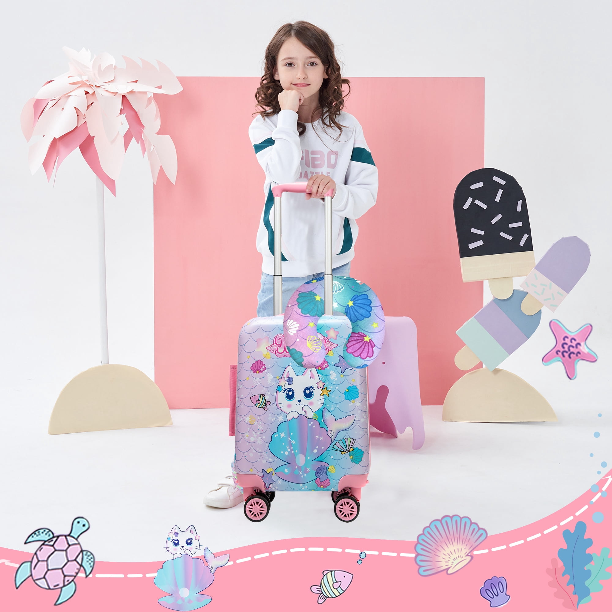 Cute Kids Luggage Sets with Neck Pillow Airplane Small Hardshell Suitcases for Girls with Wheels Pink Suitcase Toddler Travel Essential Cat