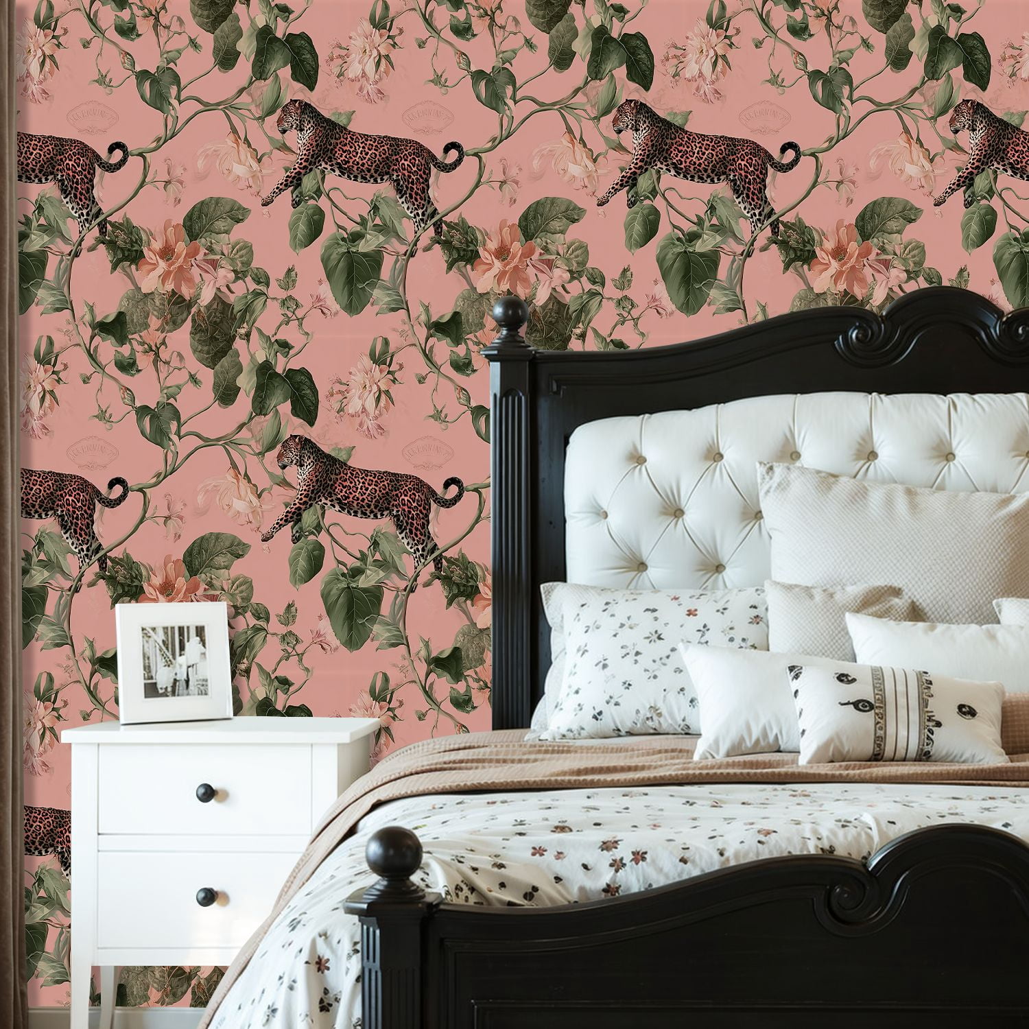 Peel and Stick Wallpaper Leopard Floral Botanical Soft Pink Wall Mural 23.6in x 9.8ft Self Adhesive Removable Wall Paper Renter Friendly Wallpaper for Nursery Bedroom Cabinets