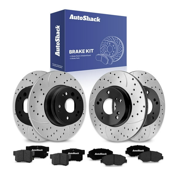 AutoShack Front & Rear Brake Rotors & Ceramic Pads for Honda, Element 2003-2011, 4WD FWD L4 2.4L - E-Coated Drilled & Slotted - ShadowGuard