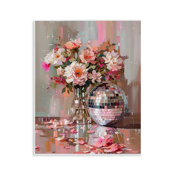Stupell Industries Disco Ball & Flowers Still Life Floral Painting Unframed Art Print Wall Art, 11 x 14
