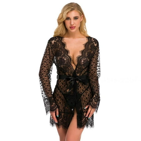 

SterneMond Sexy Long Sleeve Nightgown Sexy Temptation Lace Underwear Black XL
