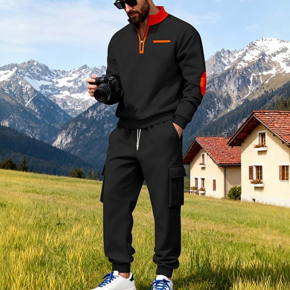 Yusimy Men's Fleece-Lined 2-Piece Cargo Set Half-Zip Zip-Up Stand-Up Collar Pocket Jogger Pants Casual