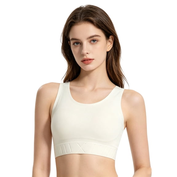 Seamless Compression Yoga Bra For Flat Shaping Sports Top Smooth Silk Feel Maximum Coverage Racerback High Intensity Wireless Bust Support Workout Activewear, M, White