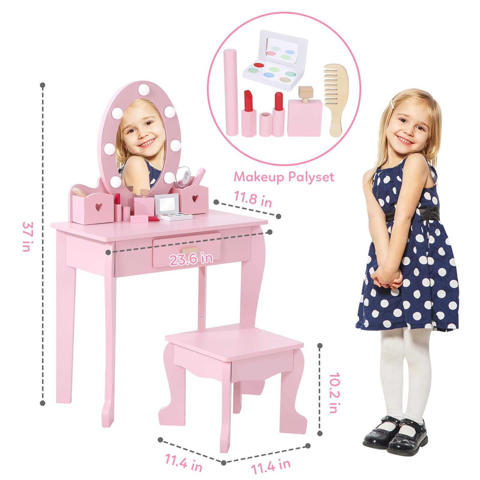 TROPOW Kids Vanity Set with Drawer and Stool, Girls Vanity Set with with Lights and Mirror for Girls, Wood Makeup Playset Birthday for Age 4-9 Years,Pink