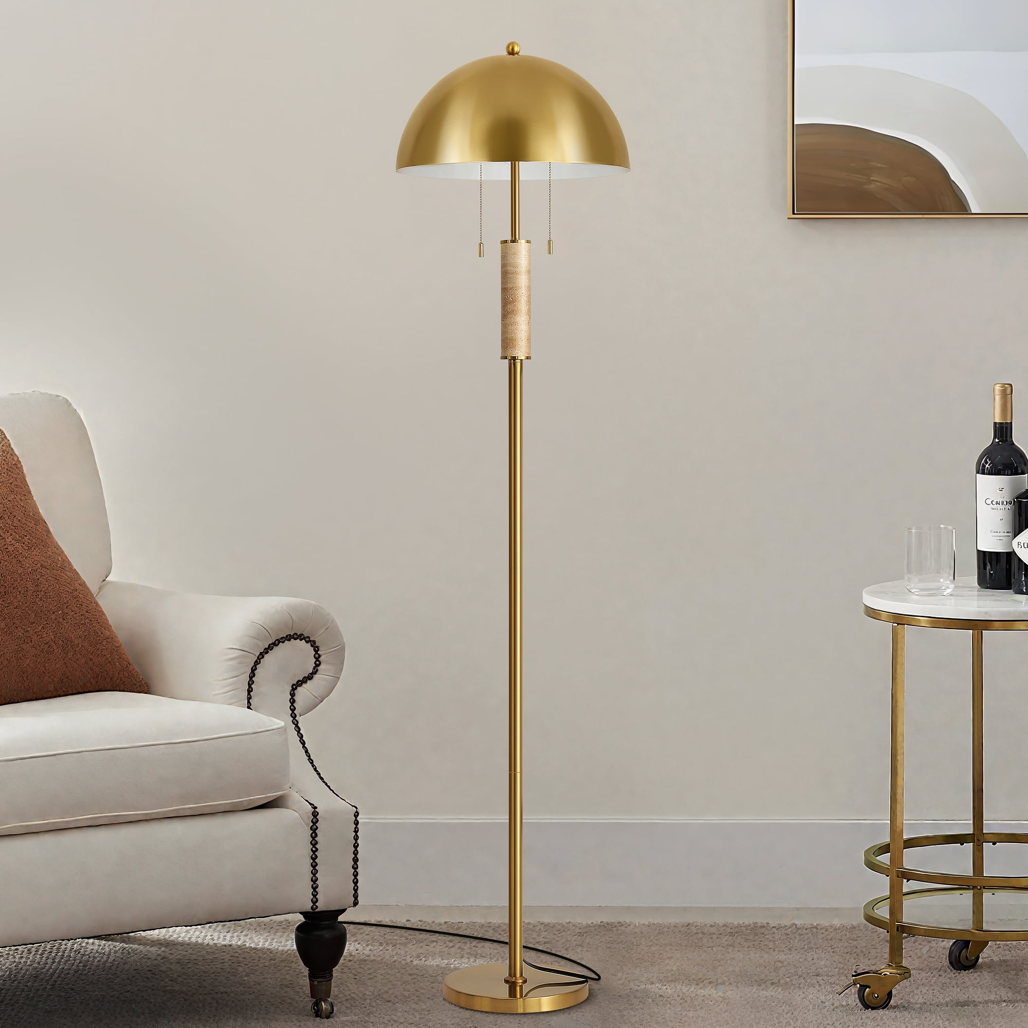 Modern Gold Metal Floor Lamp with Metal Dome LightShade, Pull-Chain Switch, Soft Ambient Light for Living Room Bedroom.