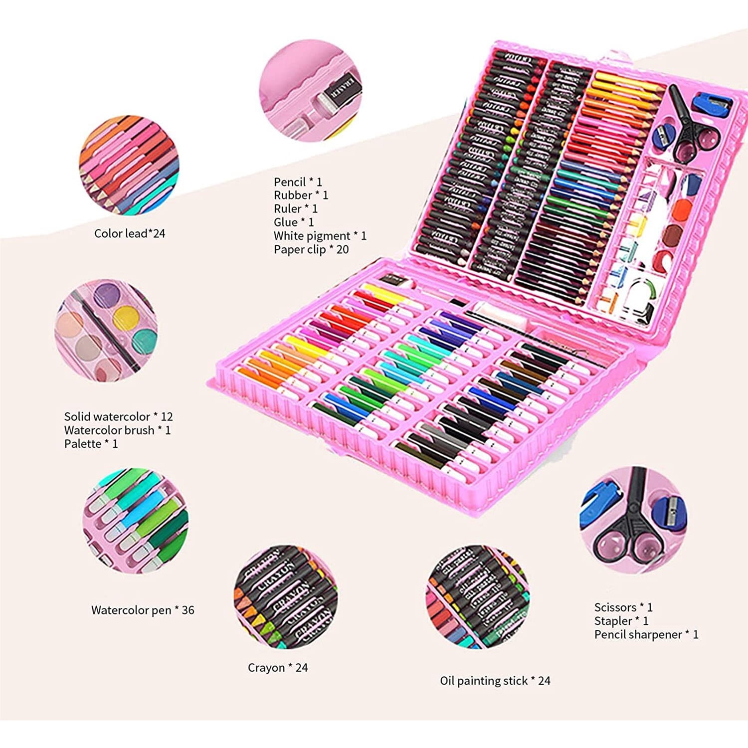 Wiher Drawing Set Kit, Portable Painting & Drawing Art Kit for Kids With Oil Pastels, Crayons, Colored Pencils, Watercolor Pens Art Set for Girls, Boys, Teens -Birthday, Christmas Gift(Pink)