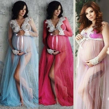 Women Pregnant Maternity Lace Floral Long Dress Maxi Gown Photography Photo