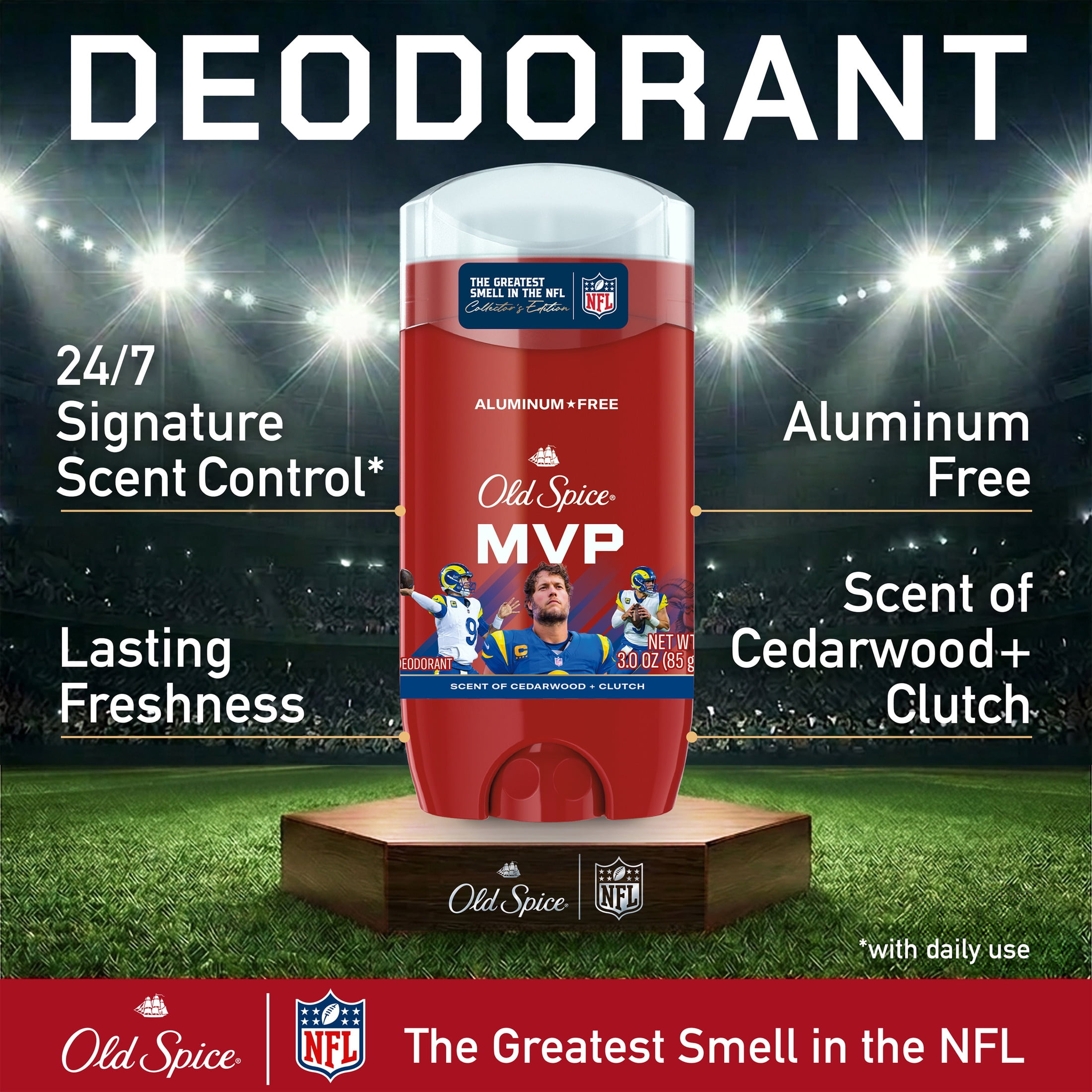 Old Spice Deodorant for Men, Aluminum Free, NFL Collection, Matthew Stafford, Scent of Cedarwood + Clutch, 3.0 oz