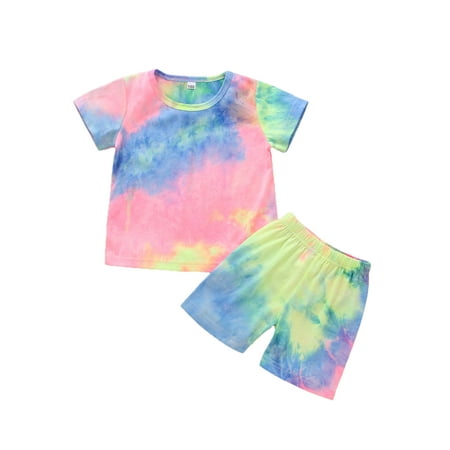 

Carolilly Kids Tie-Dye Print Round Collar Short Sleeve T-Shirt+ Short Pants