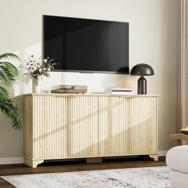 Buffet Bahut de 61 Pouces avec 4 Portes Cannelées, Rangement Style Ferme Moderne avec Tablettes Ajustables pour Cuisine et Salon