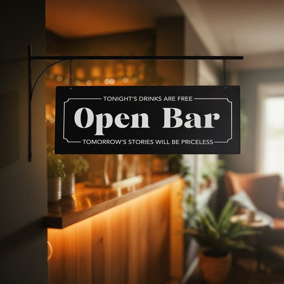 American Art Decor Metal Open Bar Sign - Black/White Double-Sided Wall & Outdoor Bar Decor, Vintage Style Hanging Bar Bracket Sign for Patio, Man Cave & Home Bar