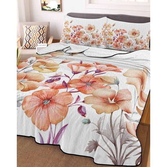 Orange Spring Floral Twin Size Down Alternative Comforter, Lightweight Comforter Quilt Bedding Set with Pillow Shams Summer Botanical Watercolor Flower All Seasons Bed Comforter Duvet Insert 68"x86"