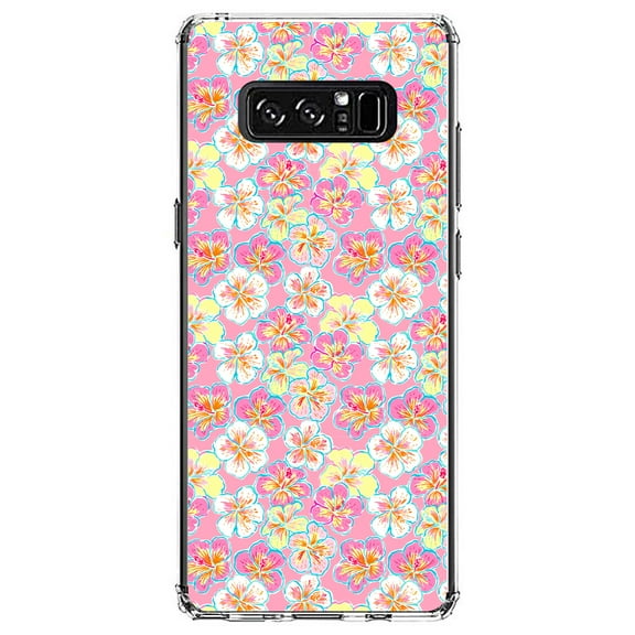 DistinctInk Clear Shockproof Hybrid Case for Samsung Galaxy Note 8 - TPU Bumper, Acrylic Back, Tempered Glass Screen Protector - Preppy Pattern - Yellow White Pink Flowers Floral
