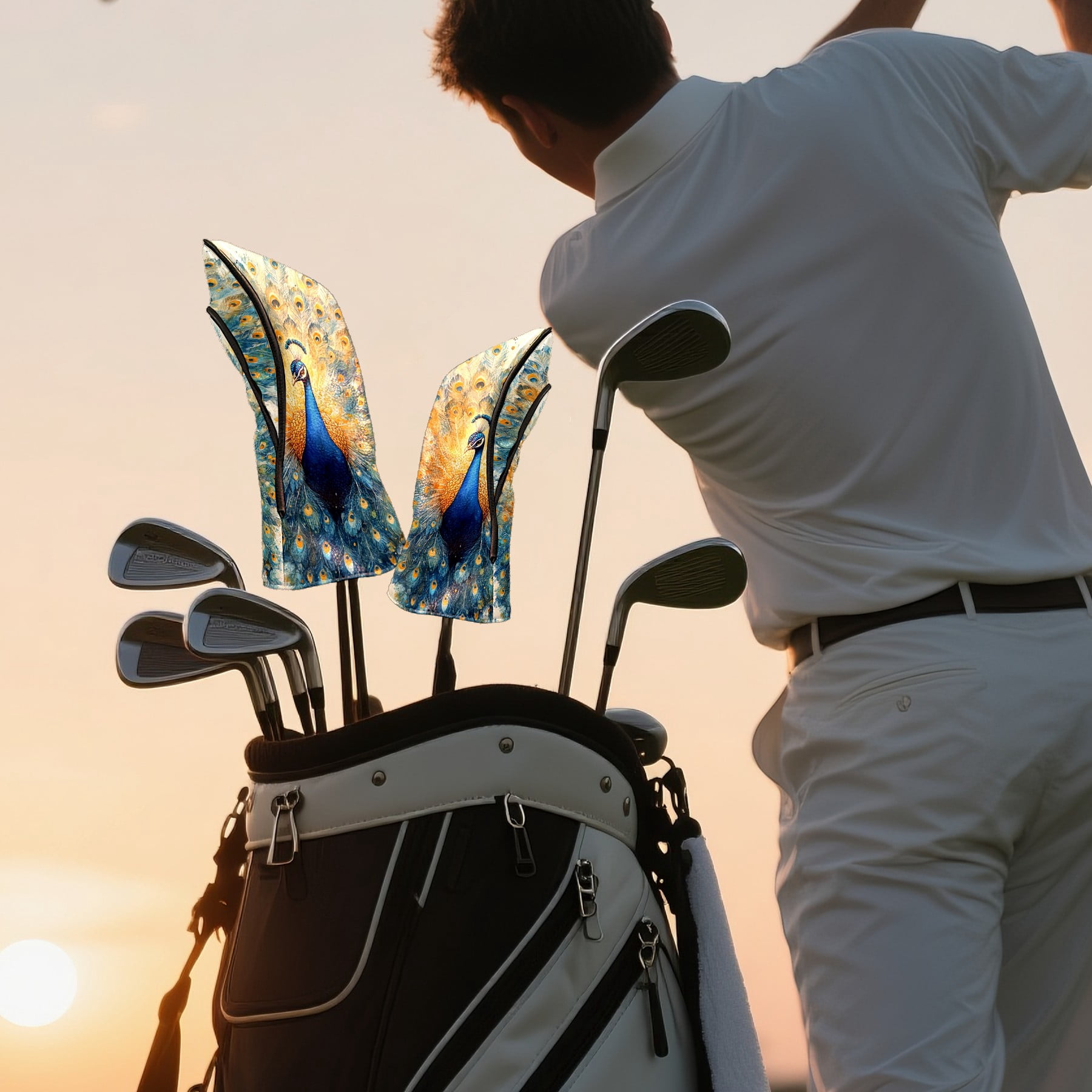 Golf Club Covers PU Leather Waterproof Head Covers for Fairway Woods Hybrids Blue Peacock Pattern Unisex Fits Most Brands
