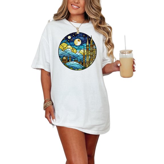 Stained Glass Moonlit Night Tshirt, Medieval Castle Art Tee, Celestial Stained Glass Shirt, Starry Night Sky Tshirt for Men Women, White Comfort Colors T-Shirt, Small