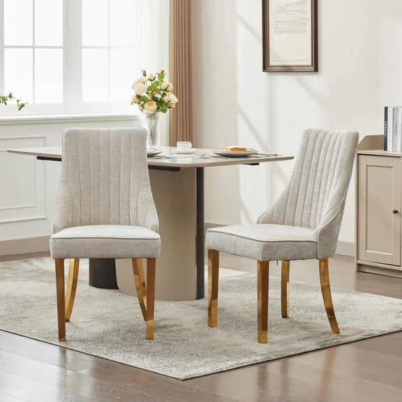 FFZ Set of 2 Chenille Dining Chairs with High Backrest and Golden Stainless Steel Legs, Beige