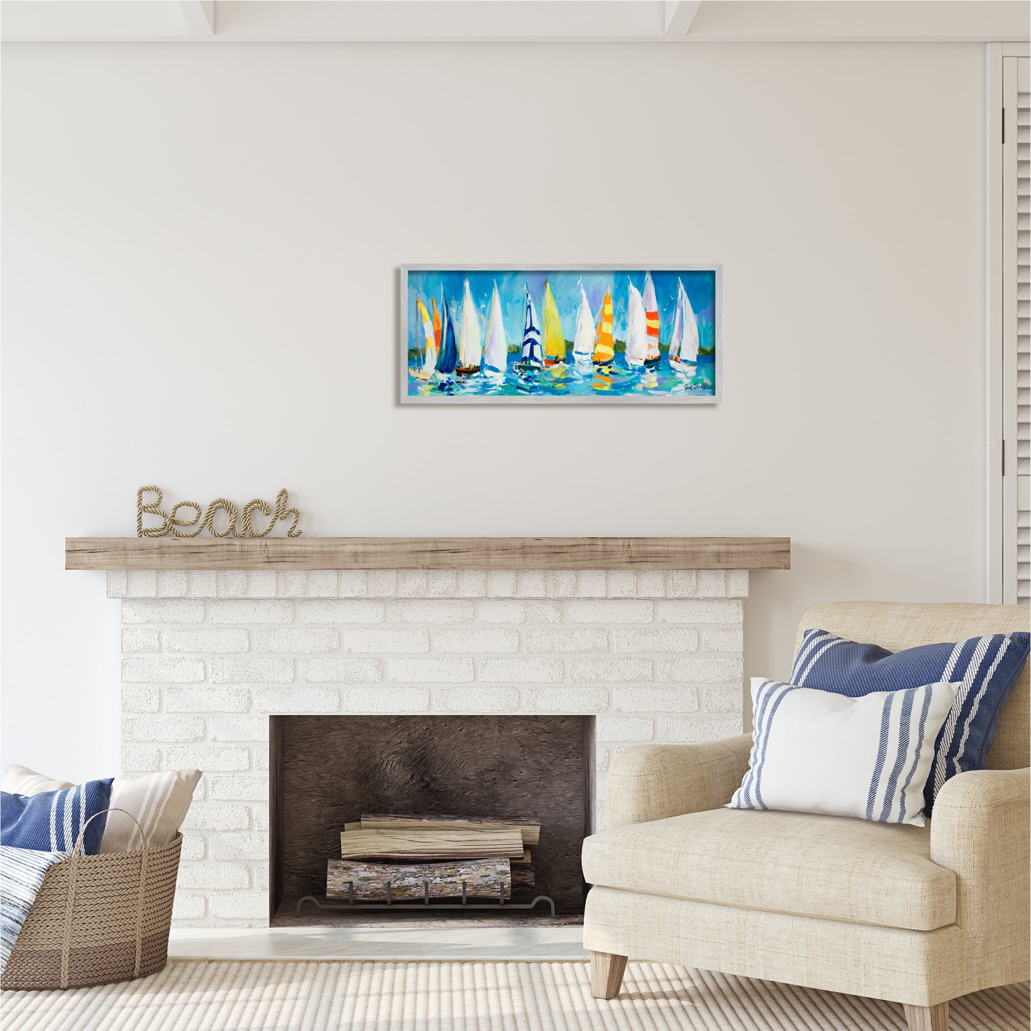 Stupell Industries Regatta Sailboat Fleet Transportation Painting Gray Framed Art Print Wall Art, 30 x 13