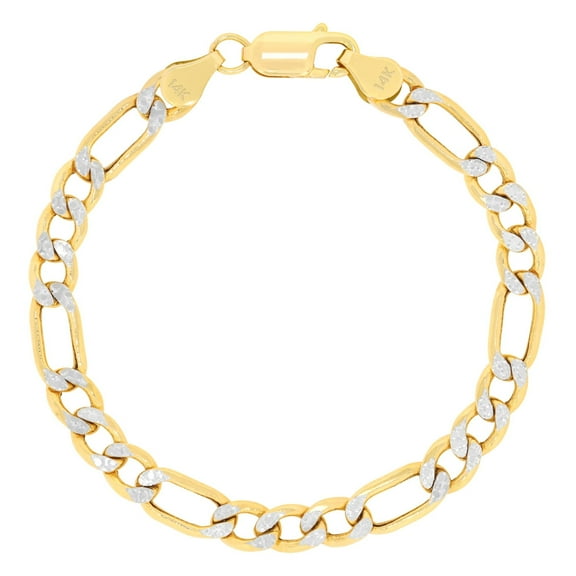 Nuragold 14k Real Yellow Gold Figaro Link 6.5mm Diamond Cut Two Tone Pave Chain Bracelet (8"-9") Italian Jewelry for Men