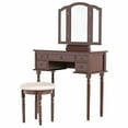 thumbnail image 4 of Mecor Vanity Table Set w/Tri-Folding Mirror,Wood Makeup Table and Round Stool & 5 Drawers Storage,Girls Women Bedroom Furniture Dressing Table (Brown), 4 of 7