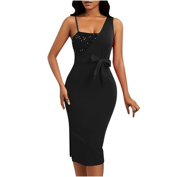 Lorytime Sequin Bodycon Party Dress for Women Midi Bodycon Gown One Shoulder Cocktail Dresses Sleeveless Split Party Dresses